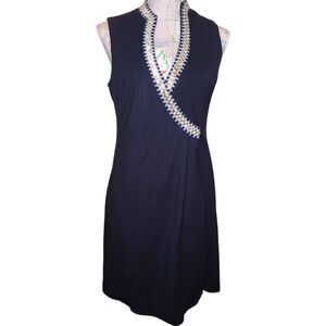 Trina Turk Size 8 Black Gold Silver Sequin Trim Neckline Formal Wrap Mini Dress